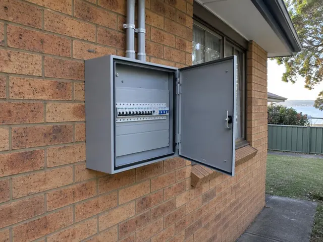 Exterior switchboard cabinet on a brick house wall with the door open in Marks Point